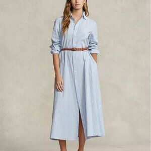 Polo Ralph Lauren Belted Striped Cotton Linen Shirt Dress